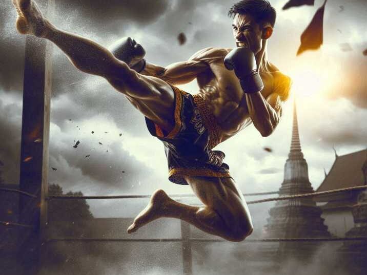 Muay Thai fighter executing a powerful roundhouse kick.