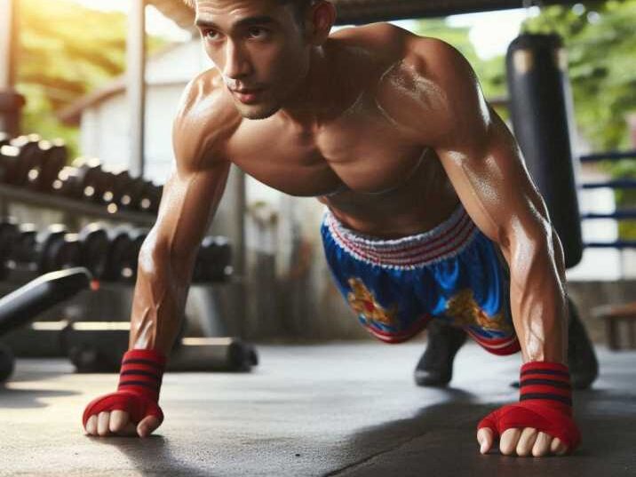 An athlete doing push-ups for strength training to get better at Muay Thai 