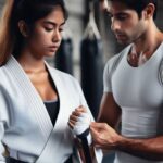 Martial arts instructor teaching students in a dojo