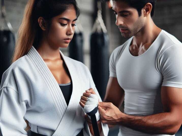 Martial arts instructor teaching students in a dojo