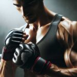 A fighter wearing gloves for Muay Thai and preparing for training.