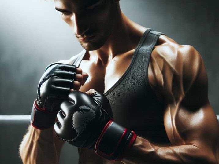 A fighter wearing gloves for Muay Thai and preparing for training.