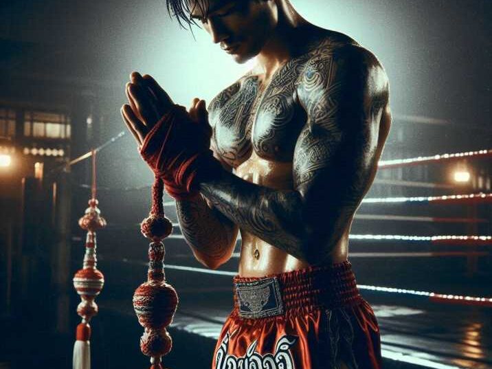 Muay Thai fighter performing the Wai Kru Ram Muay ritual before a fight.