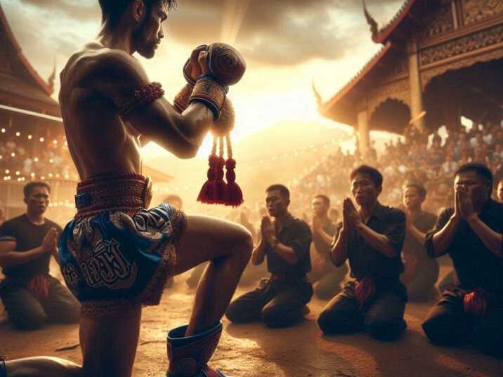 Muay Thai fighters tie their arms with armbands (Pra Jiad) in a fighting stance.