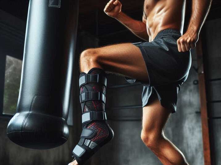 Muay Thai fighter wearing ankle supports while kicking a heavy bag