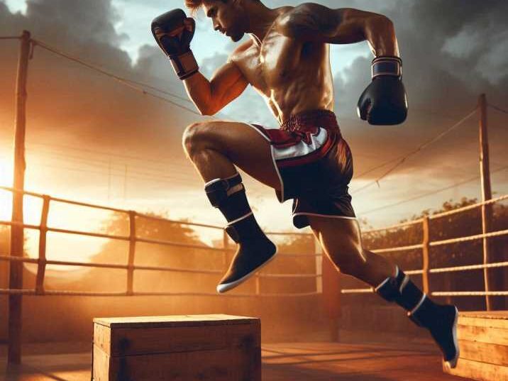 Muay Thai fighter performing a box jump for agility training.