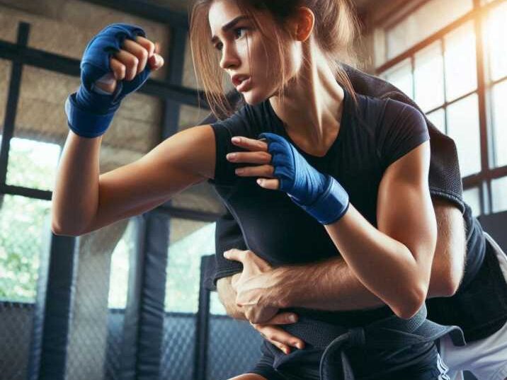 Martial artist practicing striking and grappling techniques.