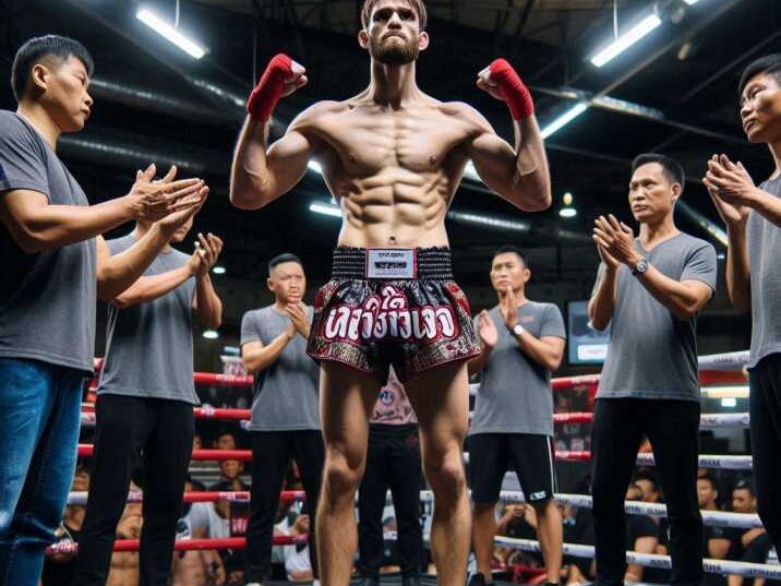 A Muay Thai fighter standing on a weighing scale during the official weigh-in.