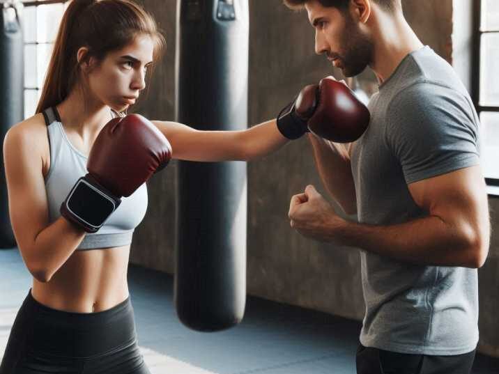 Beginner practicing kickboxing punches with a trainer.
