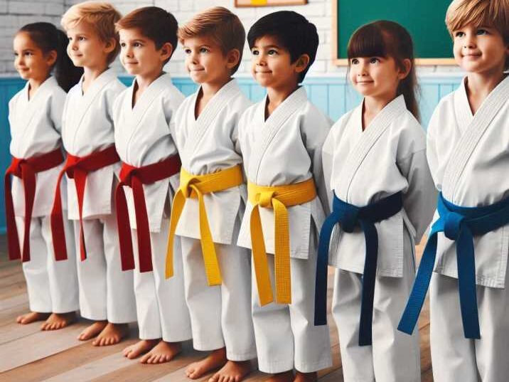 Kids wearing different karate belts standing in line