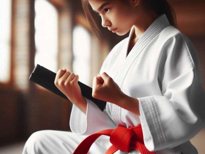 Kid in red belt karate uniform demonstrating kata